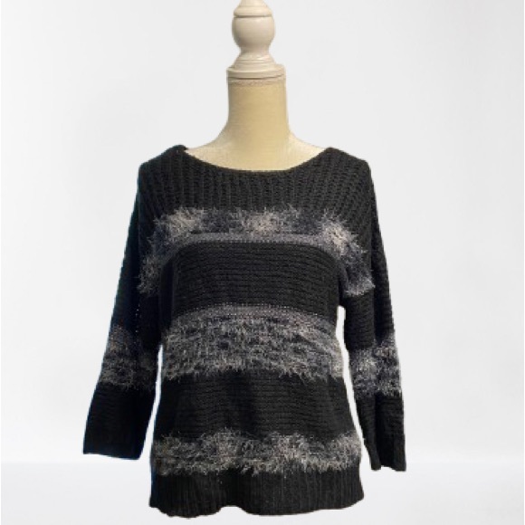 Black Sweater w Grey Eyelash Stripes, Waist Length, Love By Design, Like-New - Picture 2 of 8